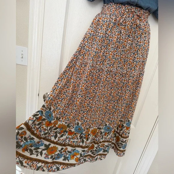 Merkeety Orange Blue Floral Ruffle Tiered Maxi Skirt, Size XL - Picture 3 of 11